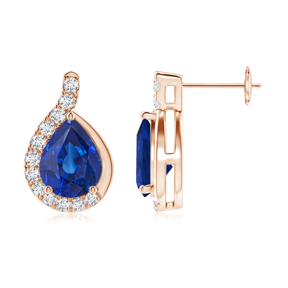 9x7mm AAA Pear Blue Sapphire Earrings with Diamond Swirl Frame in Rose Gold side 199
