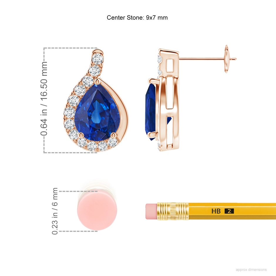 9x7mm AAA Pear Blue Sapphire Earrings with Diamond Swirl Frame in Rose Gold ruler