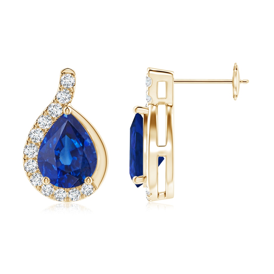 9x7mm AAA Pear Blue Sapphire Earrings with Diamond Swirl Frame in Yellow Gold side 199
