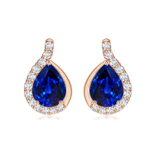 9x7mm AAAA Pear Blue Sapphire Earrings with Diamond Swirl Frame in 18K Rose Gold