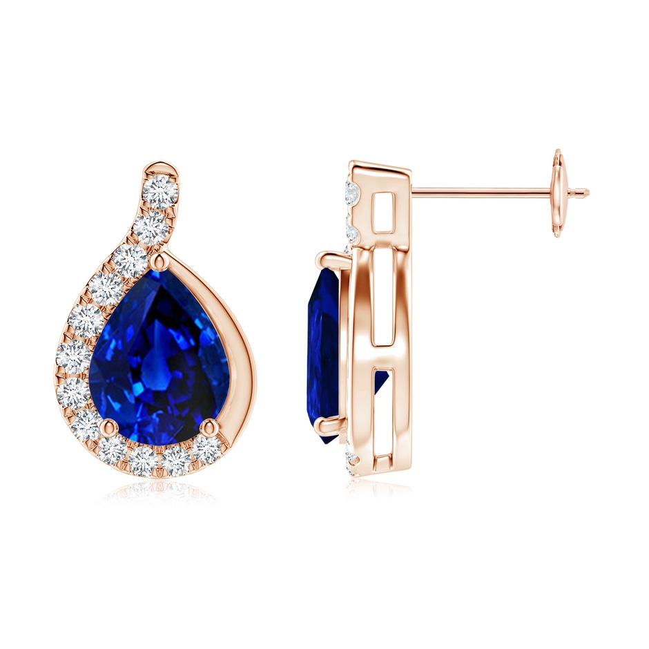 9x7mm AAAA Pear Blue Sapphire Earrings with Diamond Swirl Frame in 18K Rose Gold side 199