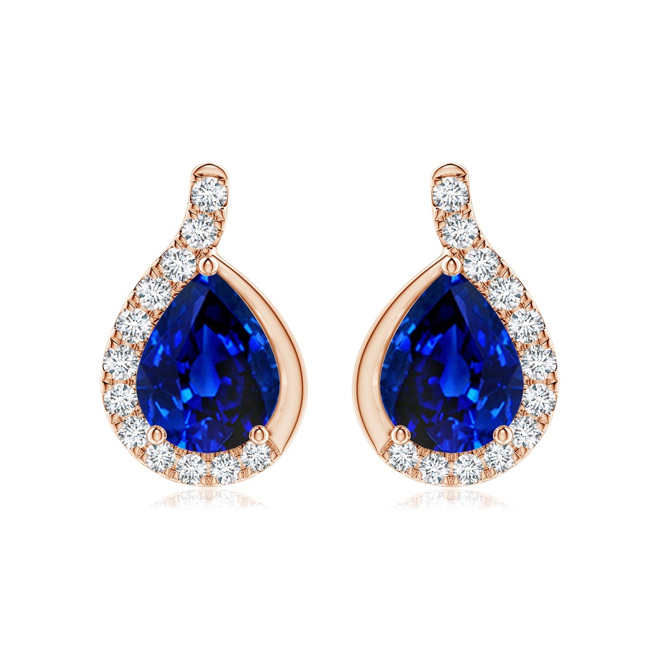 9x7mm AAAA Pear Blue Sapphire Earrings with Diamond Swirl Frame in Rose Gold 