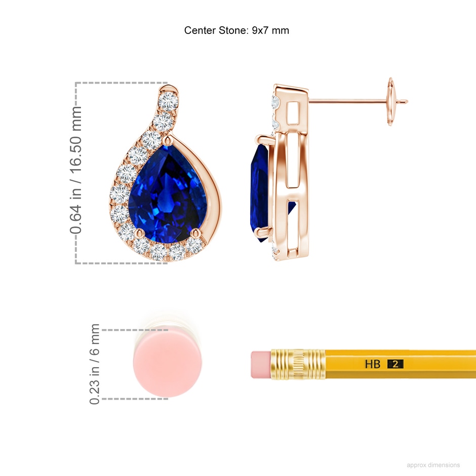 9x7mm AAAA Pear Blue Sapphire Earrings with Diamond Swirl Frame in Rose Gold ruler