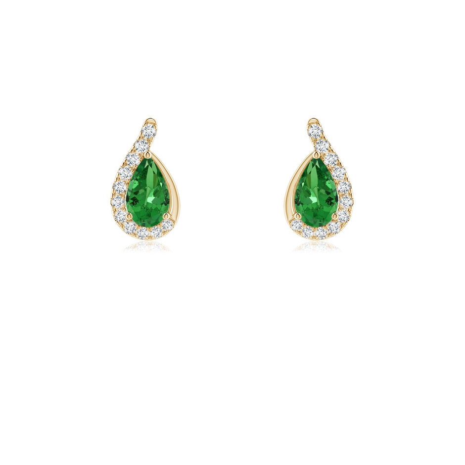 5x3mm AAA Pear Tsavorite Earrings with Diamond Swirl Frame in Yellow Gold 