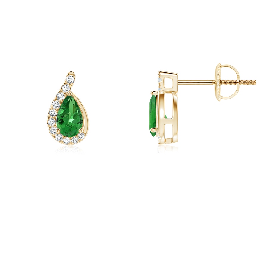 5x3mm AAA Pear Tsavorite Earrings with Diamond Swirl Frame in Yellow Gold side 199