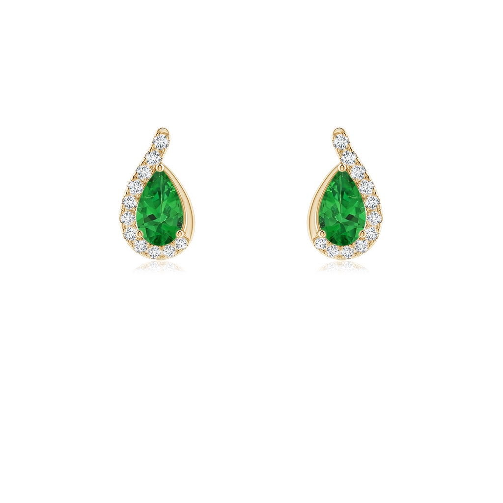 5x3mm AAAA Pear Tsavorite Earrings with Diamond Swirl Frame in Yellow Gold