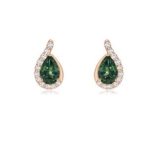 6x4mm AA Pear Teal Montana Sapphire Earrings with Diamond Swirl Frame in 9K Rose Gold