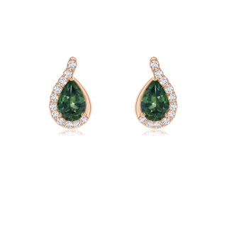 6x4mm AA Pear Teal Montana Sapphire Earrings with Diamond Swirl Frame in Rose Gold