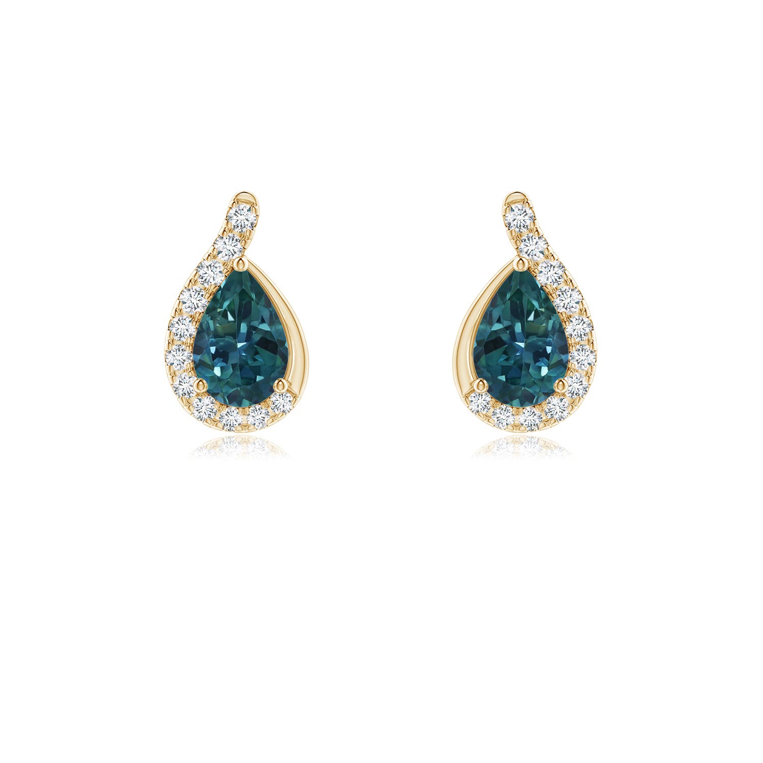 6x4mm AAA Pear Teal Montana Sapphire Earrings with Diamond Swirl Frame in 18K Yellow Gold