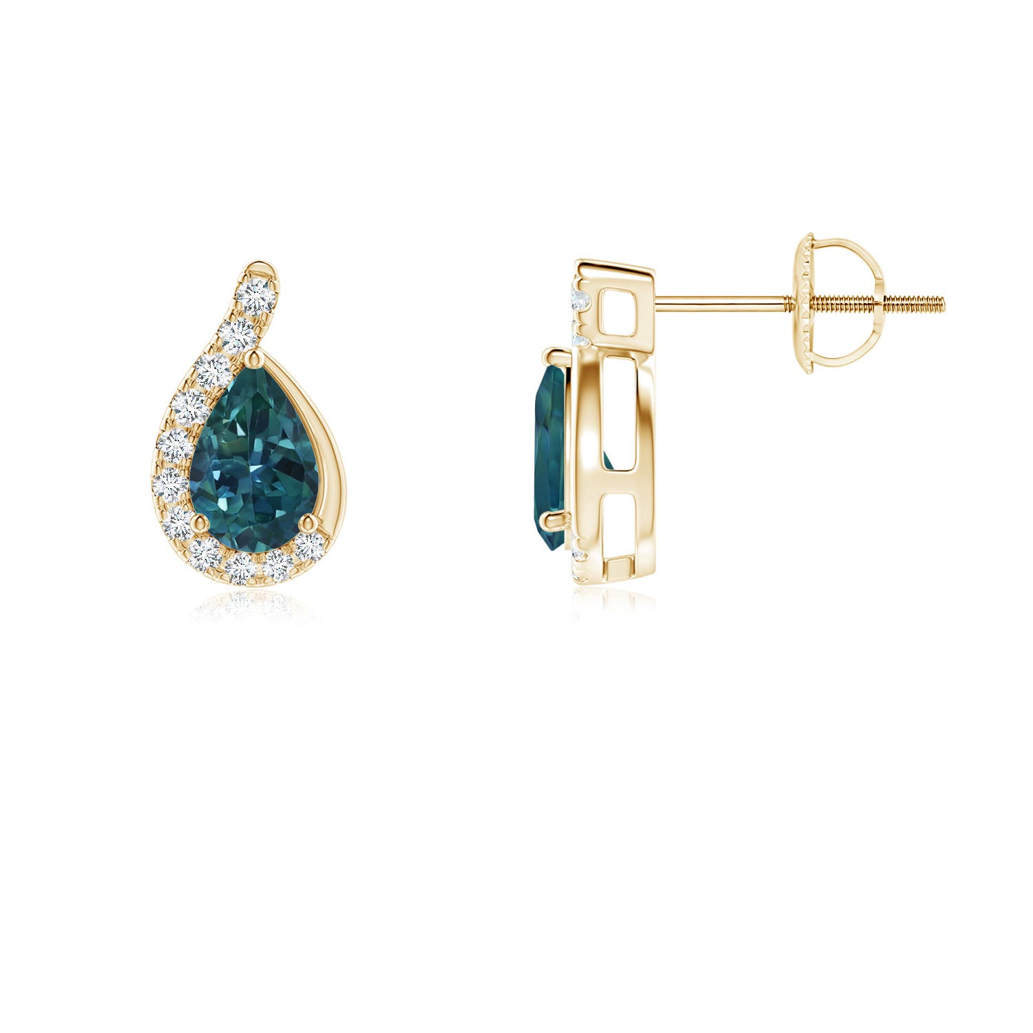 6x4mm AAA Pear Teal Montana Sapphire Earrings with Diamond Swirl Frame in 18K Yellow Gold