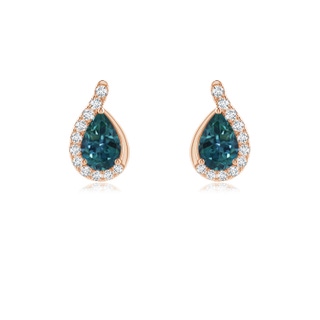 6x4mm AAA Pear Teal Montana Sapphire Earrings with Diamond Swirl Frame in 9K Rose Gold