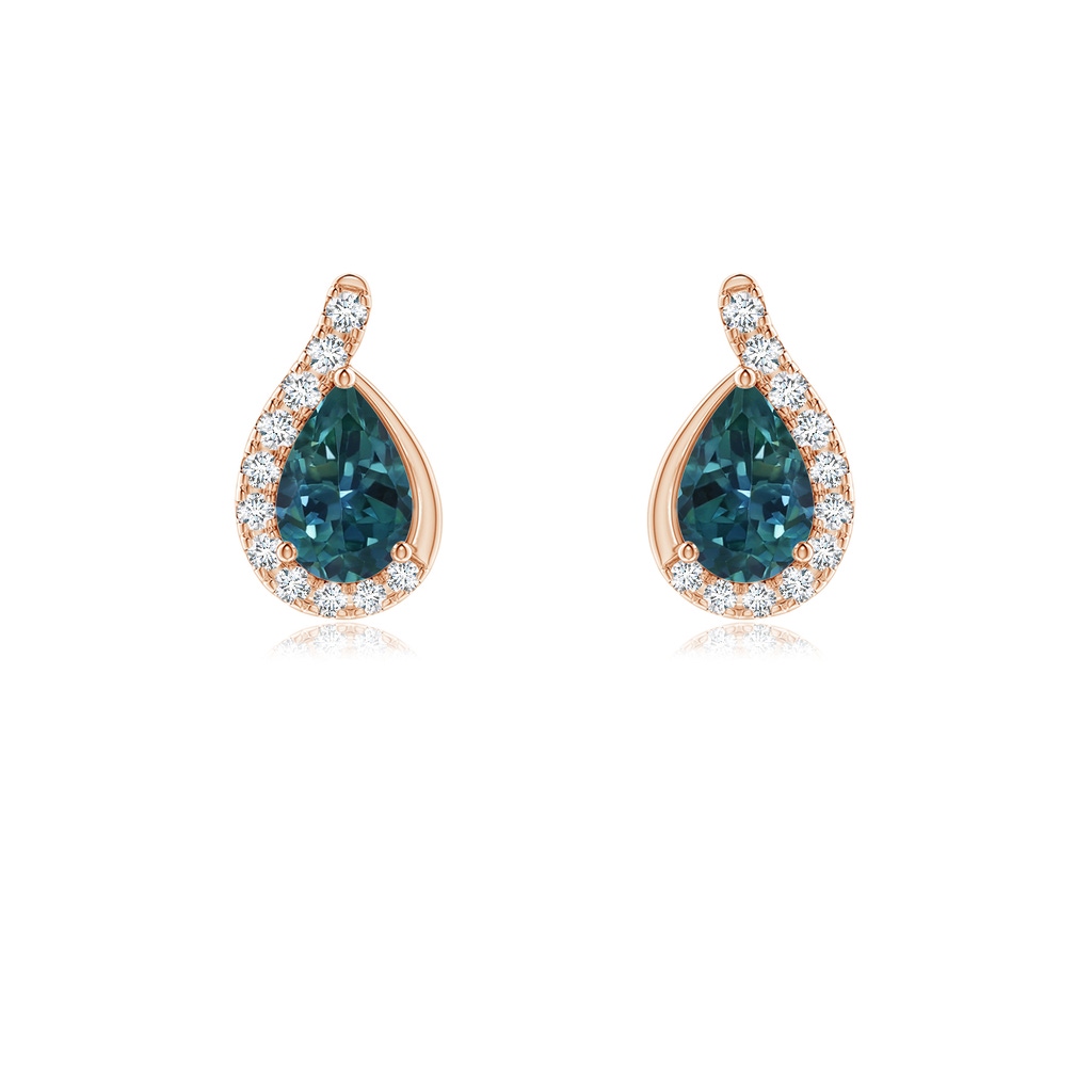 6x4mm AAA Pear Teal Montana Sapphire Earrings with Diamond Swirl Frame in Rose Gold