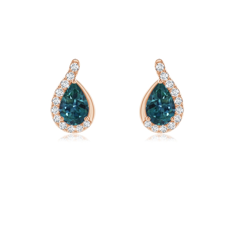 6x4mm AAA Pear Teal Montana Sapphire Earrings with Diamond Swirl Frame in Rose Gold 