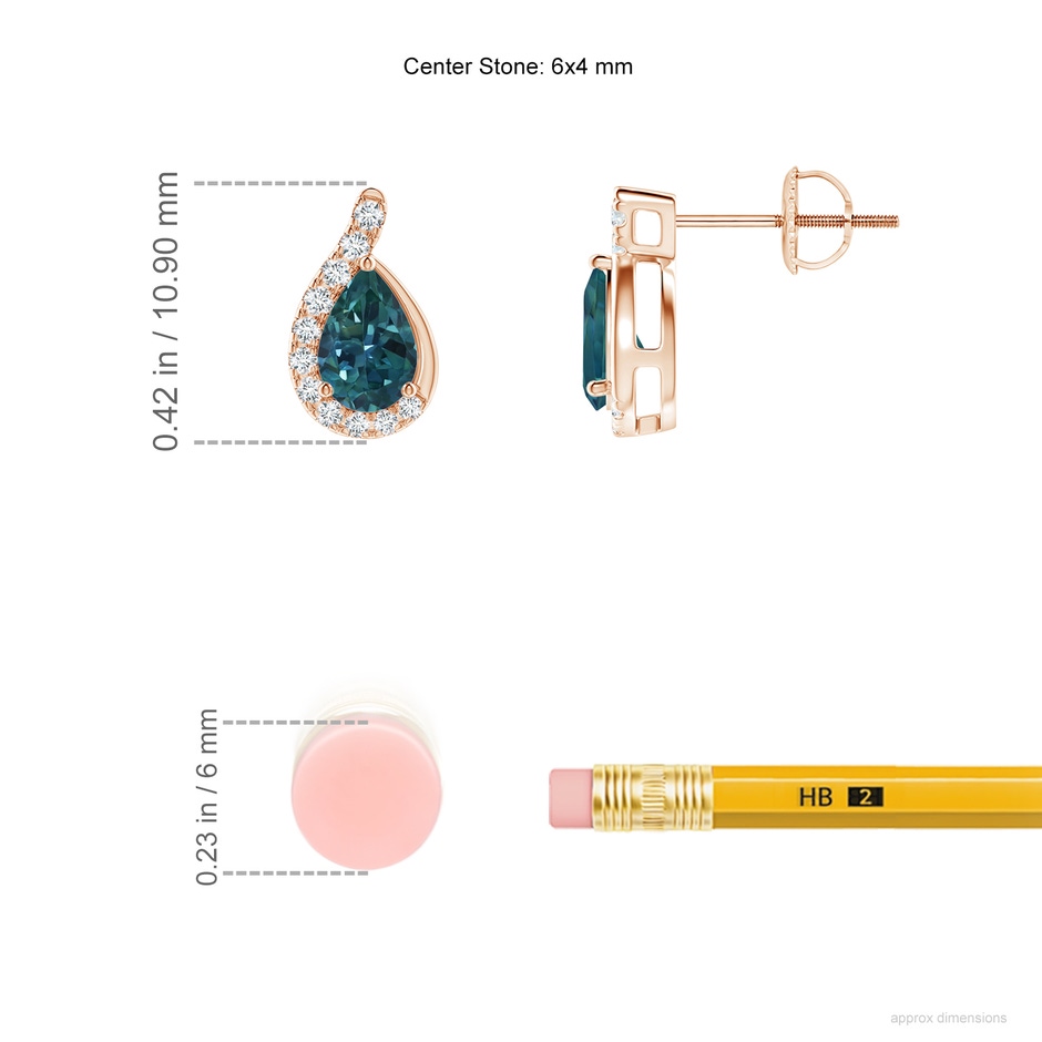 6x4mm AAA Pear Teal Montana Sapphire Earrings with Diamond Swirl Frame in Rose Gold ruler