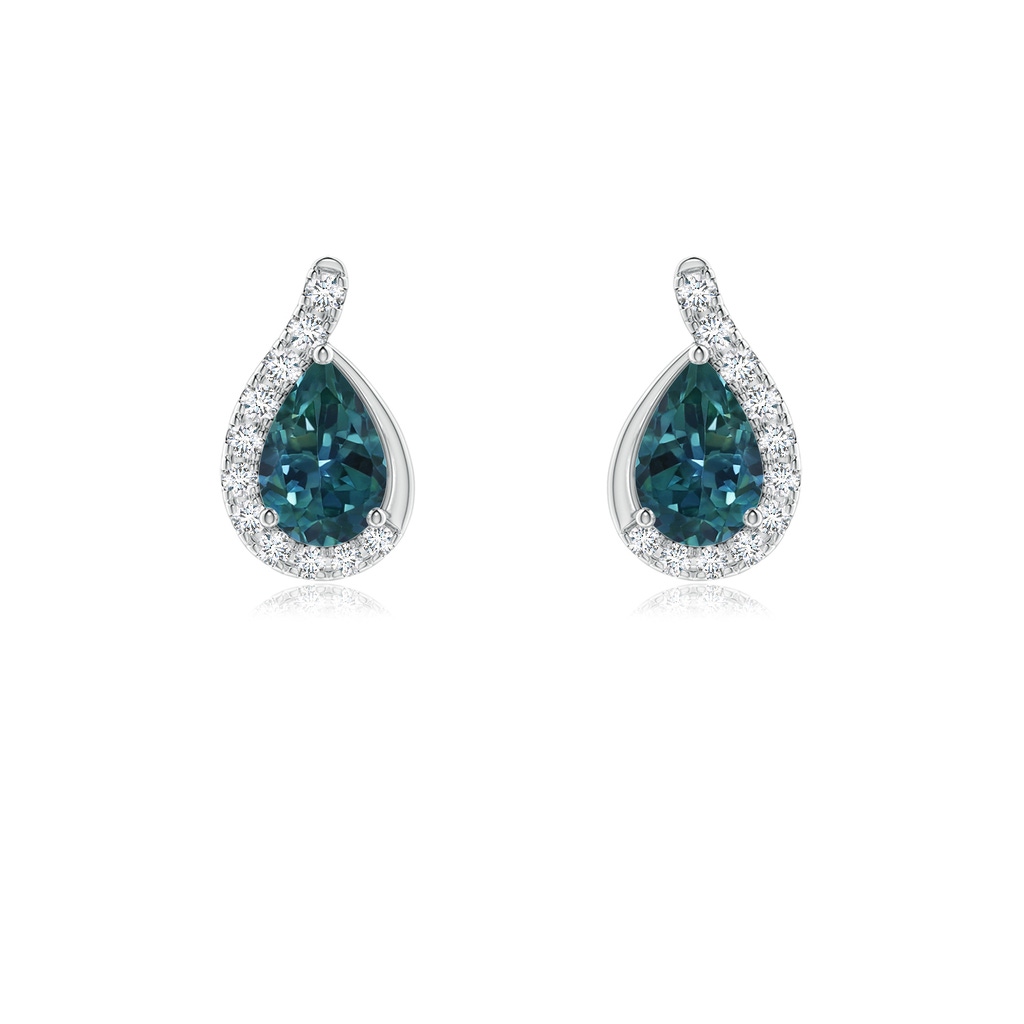 6x4mm AAA Pear Teal Montana Sapphire Earrings with Diamond Swirl Frame in White Gold 