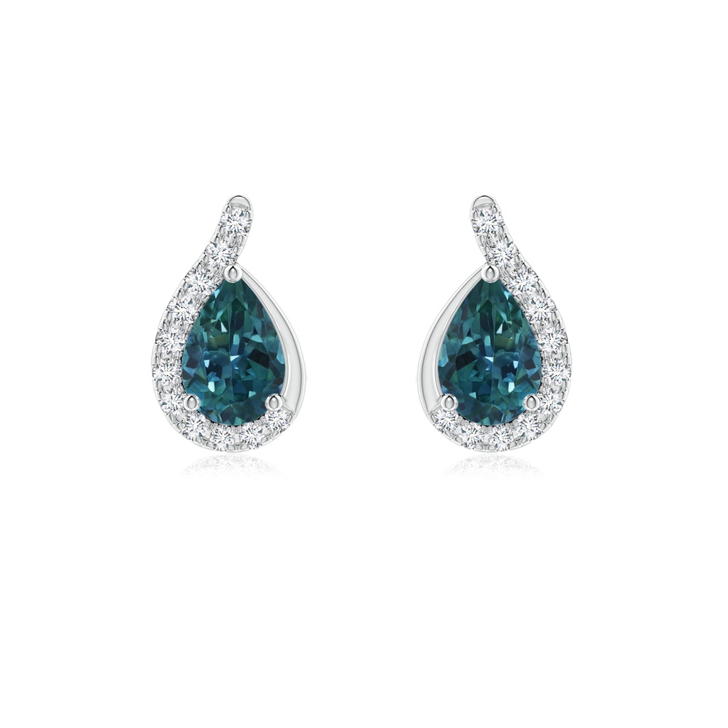 6x4mm AAA Pear Teal Montana Sapphire Earrings with Diamond Swirl Frame in White Gold