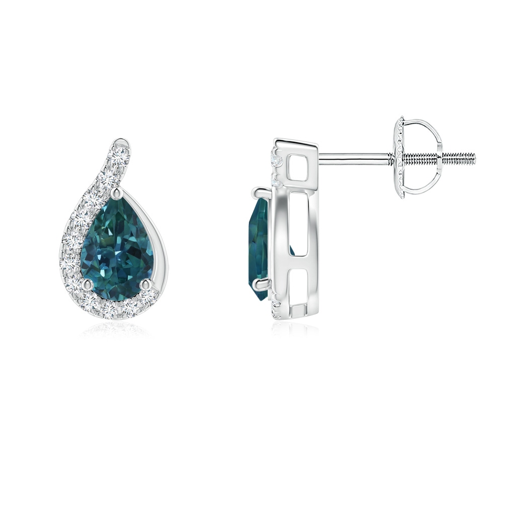 6x4mm AAA Pear Teal Montana Sapphire Earrings with Diamond Swirl Frame in White Gold Side 1