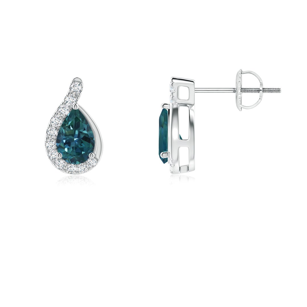 6x4mm AAA Pear Teal Montana Sapphire Earrings with Diamond Swirl Frame in White Gold - side 2