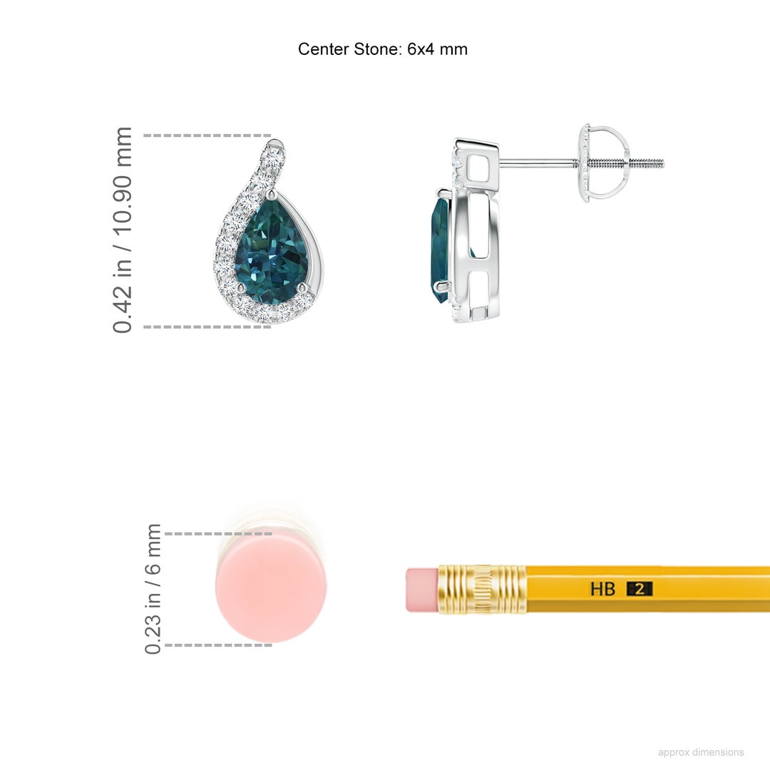 6x4mm AAA Pear Teal Montana Sapphire Earrings with Diamond Swirl Frame in White Gold - ruler