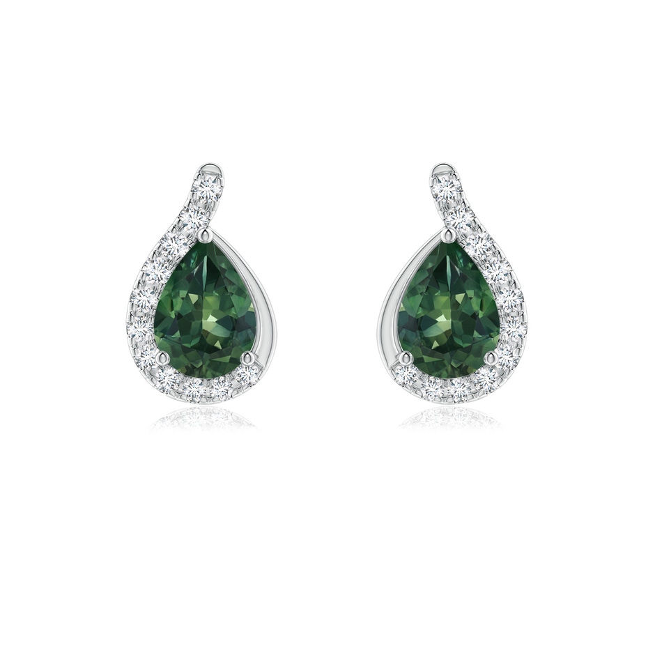 7x5mm AA Pear Teal Montana Sapphire Earrings with Diamond Swirl Frame in P950 Platinum 