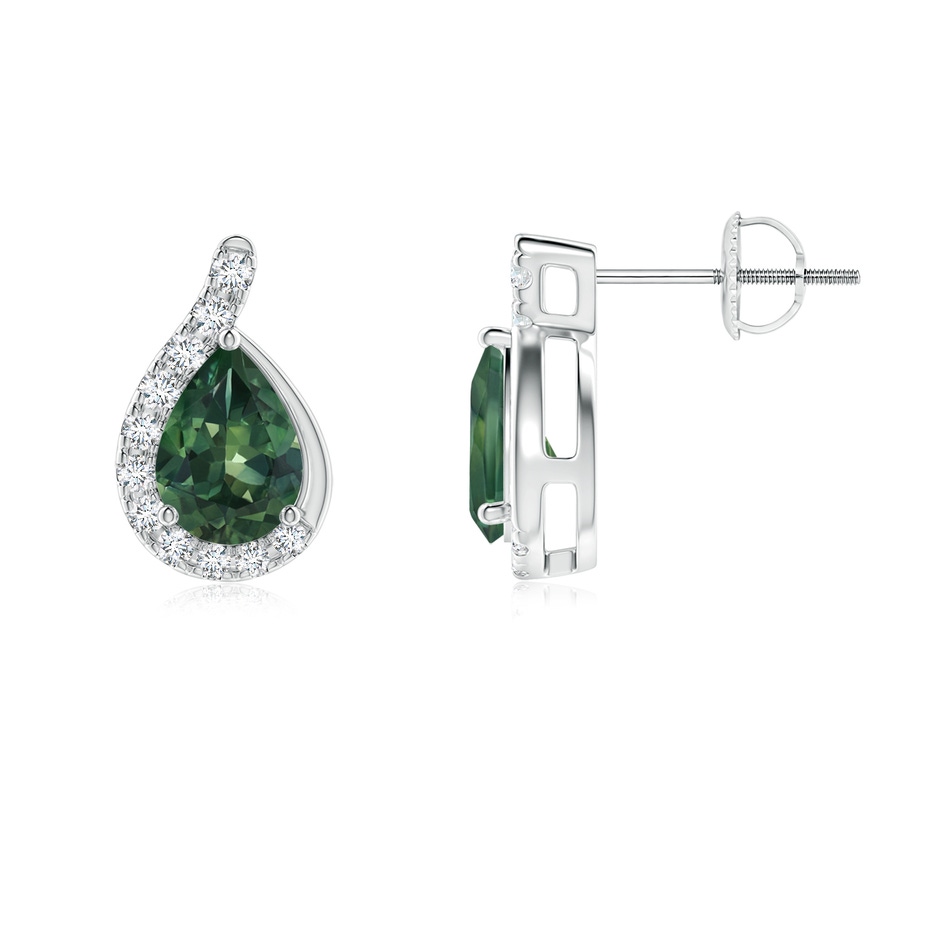 7x5mm AA Pear Teal Montana Sapphire Earrings with Diamond Swirl Frame in P950 Platinum side 199