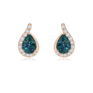 7x5mm AAA Pear Teal Montana Sapphire Earrings with Diamond Swirl Frame in 9K Rose Gold