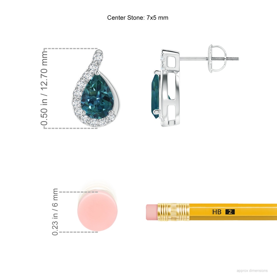 7x5mm AAA Pear Teal Montana Sapphire Earrings with Diamond Swirl Frame in P950 Platinum ruler