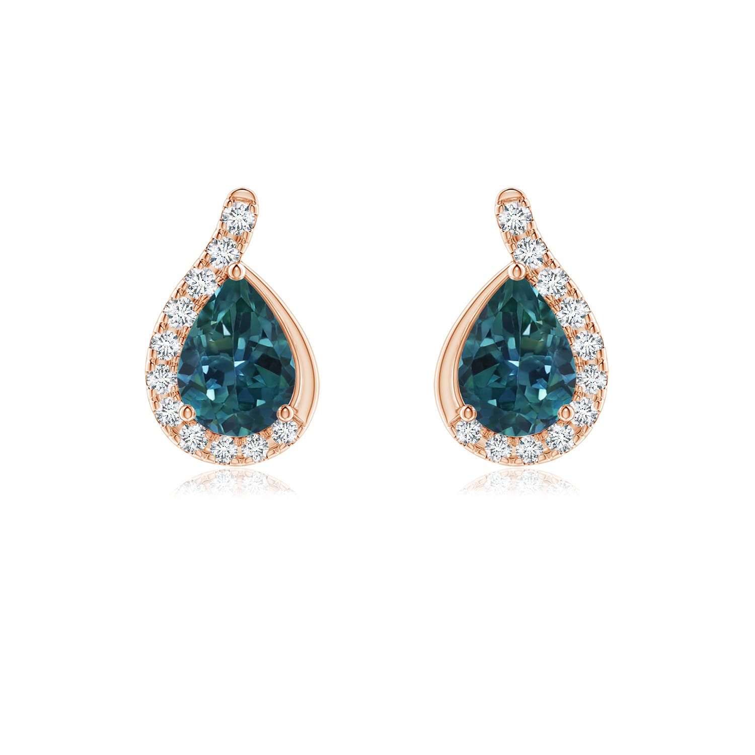 7x5mm AAA Pear Teal Montana Sapphire Earrings with Diamond Swirl Frame in Rose Gold