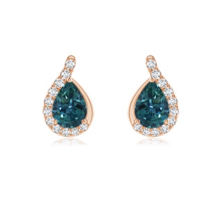 7x5mm AAA Pear Teal Montana Sapphire Earrings with Diamond Swirl Frame in Rose Gold
