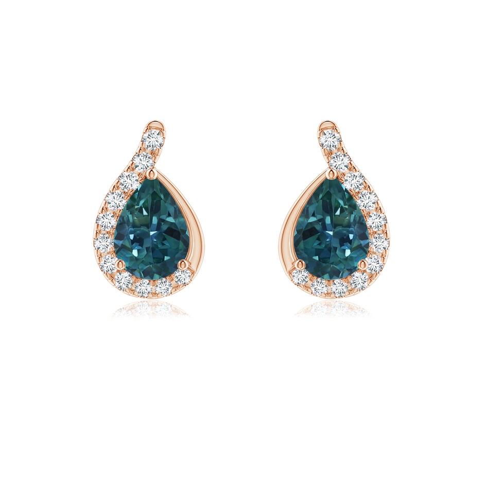 7x5mm AAA Pear Teal Montana Sapphire Earrings with Diamond Swirl Frame in Rose Gold 
