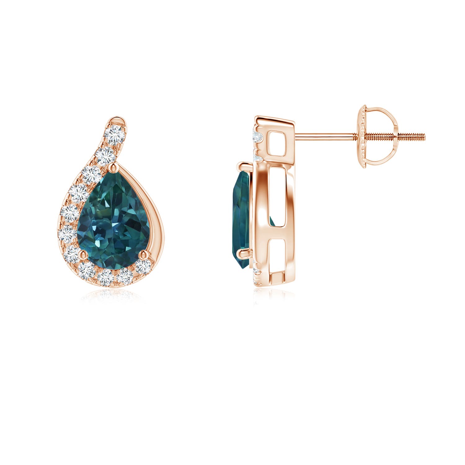 7x5mm AAA Pear Teal Montana Sapphire Earrings with Diamond Swirl Frame in Rose Gold