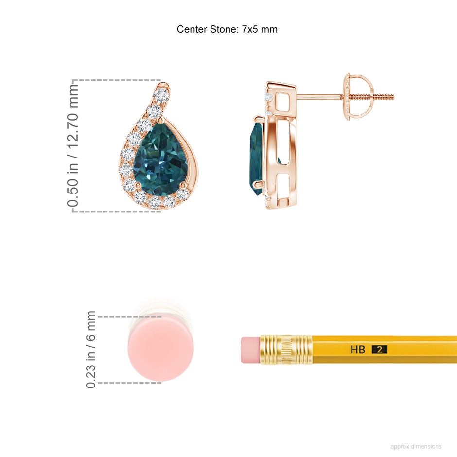 7x5mm AAA Pear Teal Montana Sapphire Earrings with Diamond Swirl Frame in Rose Gold ruler