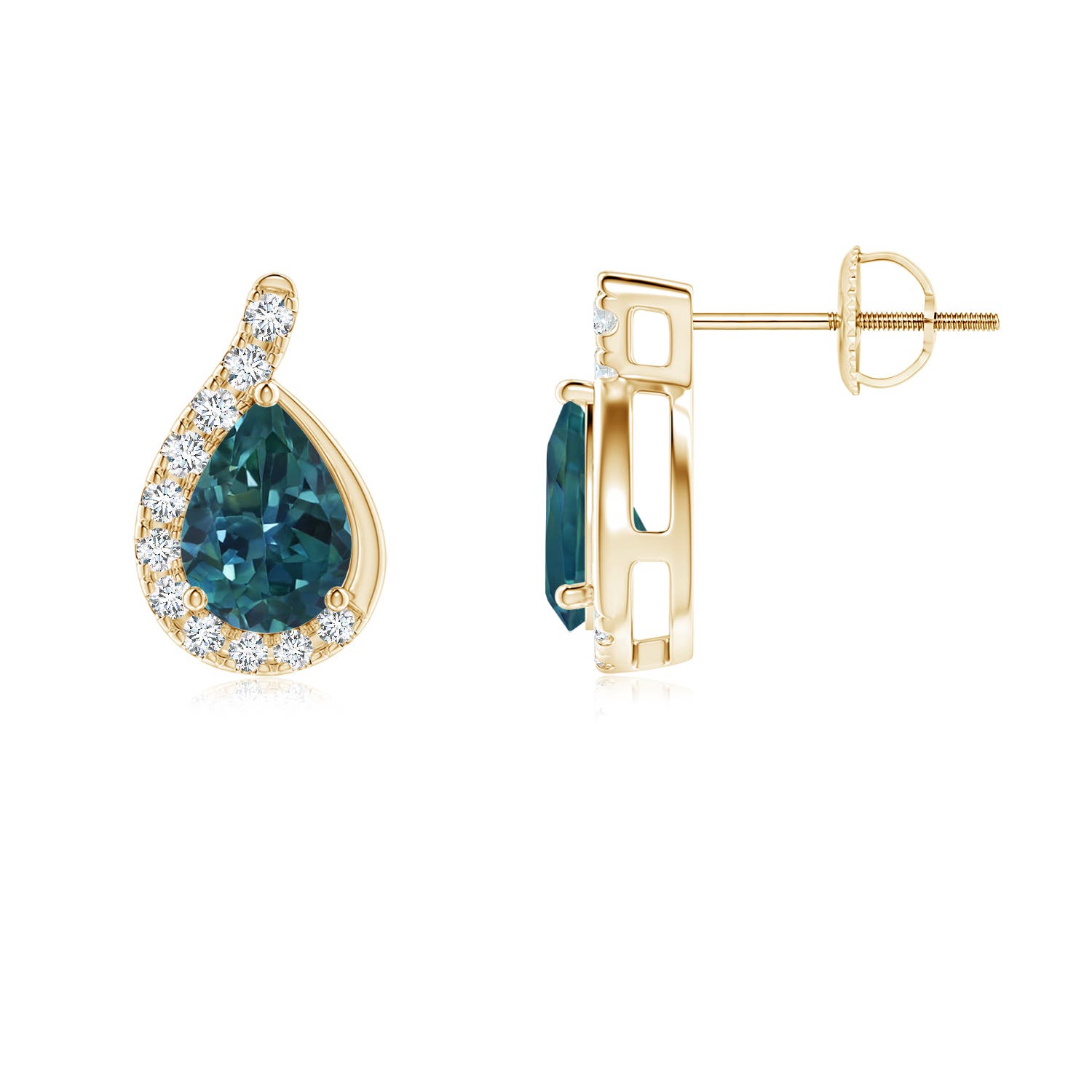 7x5mm AAA Pear Teal Montana Sapphire Earrings with Diamond Swirl Frame in Yellow Gold