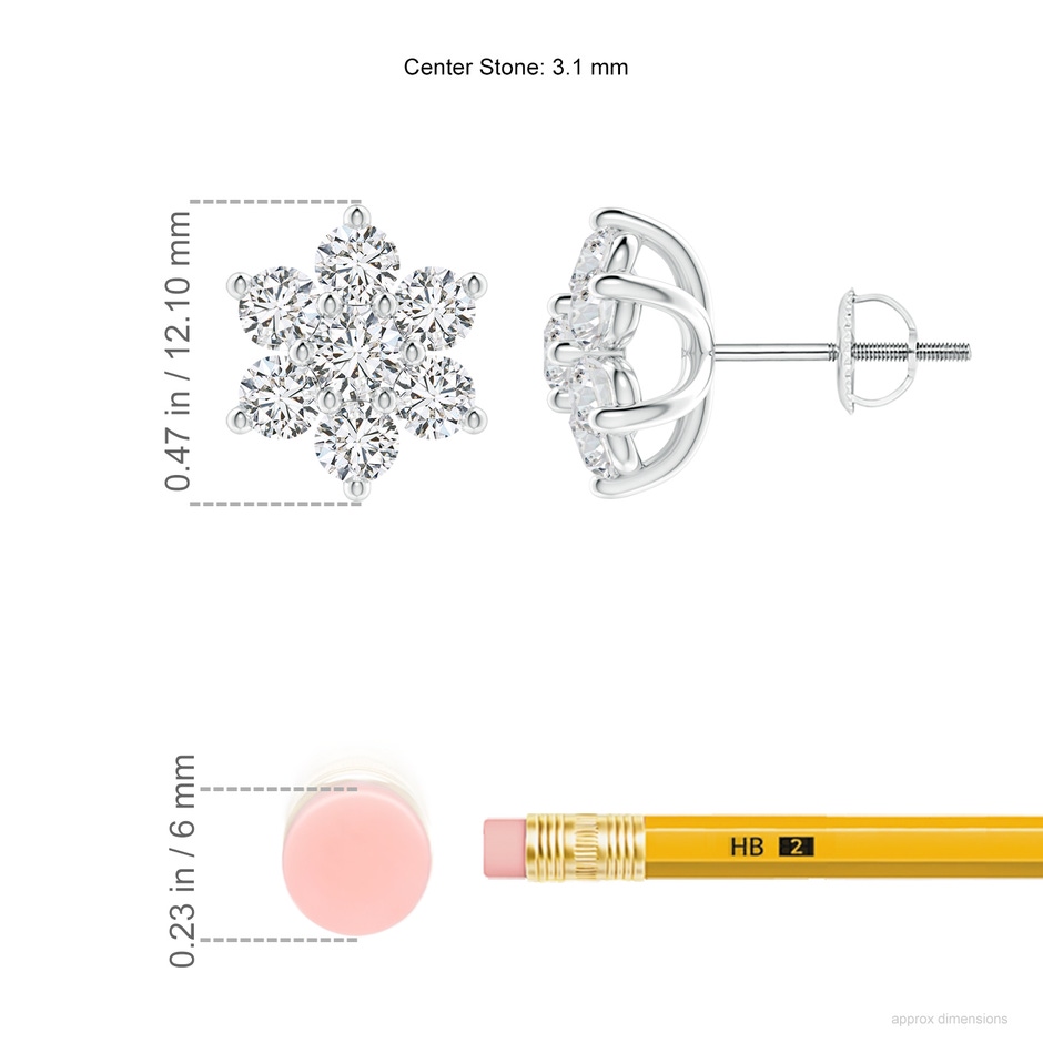 3.1mm HSI2 Six Petal Diamond Flower Stud Earrings in P950 Platinum ruler
