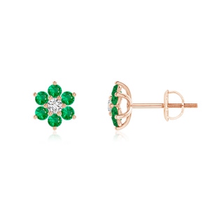 1.7mm AAA Six Petal Diamond and Emerald Flower Stud Earrings in Rose Gold