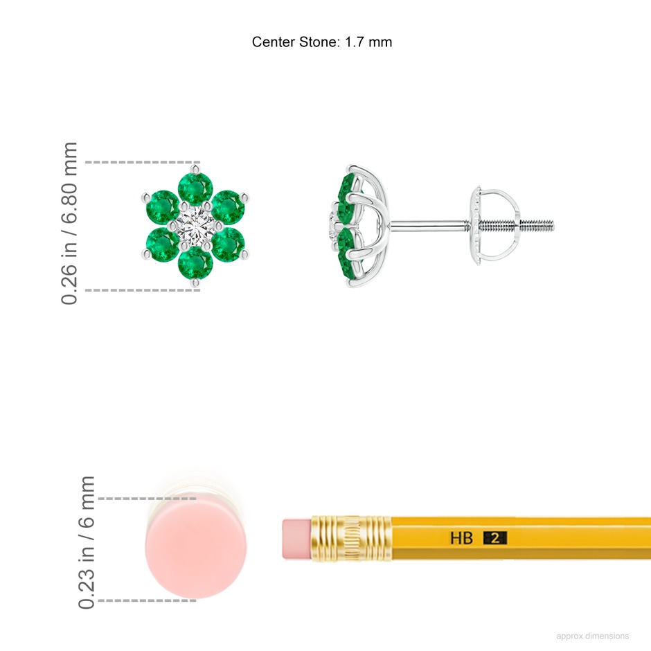 1.7mm AAA Six Petal Diamond and Emerald Flower Stud Earrings in White Gold ruler