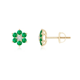 1.7mm AAA Six Petal Diamond and Emerald Flower Stud Earrings in Yellow Gold