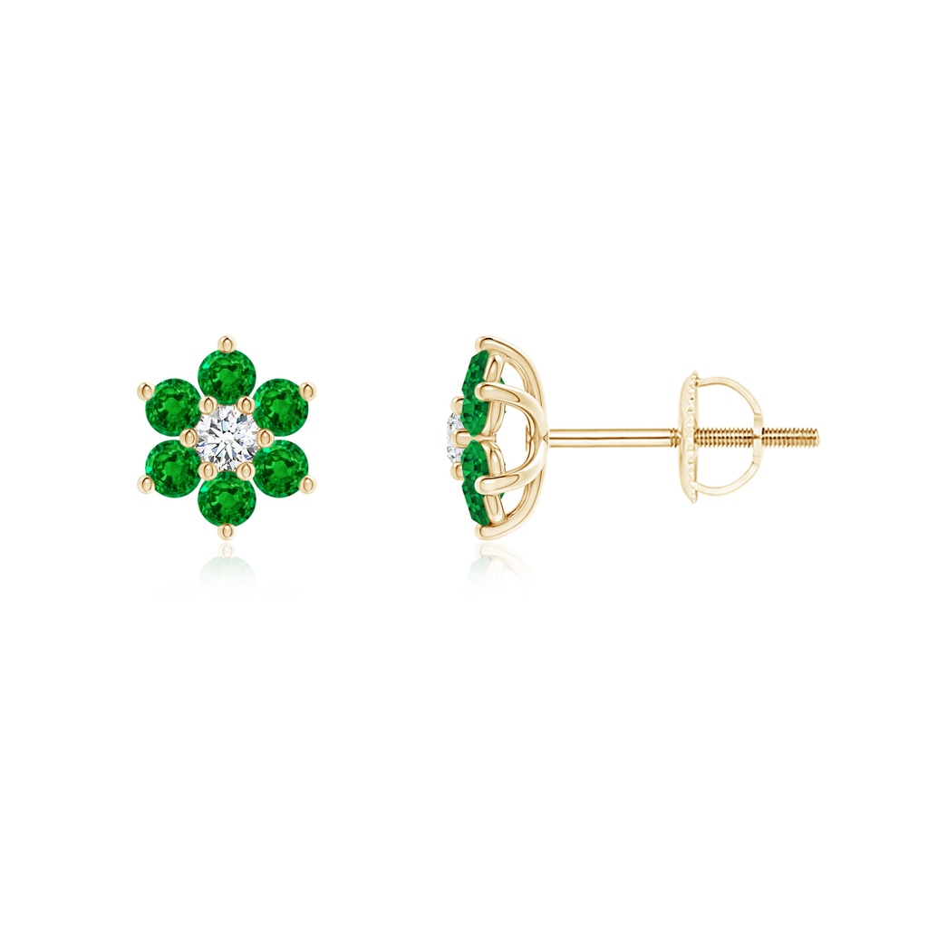 1.7mm AAAA Six Petal Diamond and Emerald Flower Stud Earrings in Yellow Gold