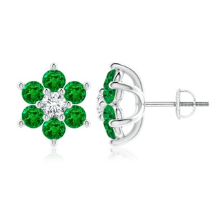 3.5mm AAAA Six Petal Diamond and Emerald Flower Stud Earrings in P950 Platinum