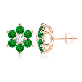 3.5mm AAAA Six Petal Diamond and Emerald Flower Stud Earrings in Rose Gold