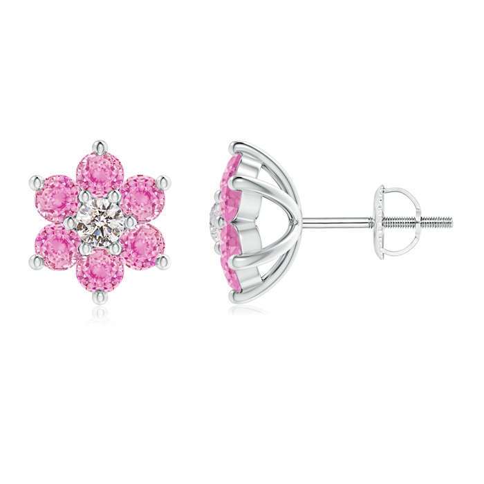 1.7mm A Six Petal Diamond and Pink Sapphire Flower Stud Earrings in White Gold 