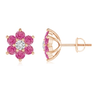 1.7mm AAA Six Petal Diamond and Pink Sapphire Flower Stud Earrings in 9K Rose Gold