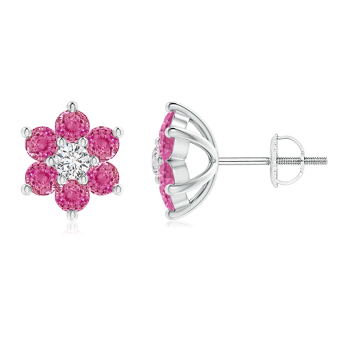 1.7mm AAA Six Petal Diamond and Pink Sapphire Flower Stud Earrings in White Gold