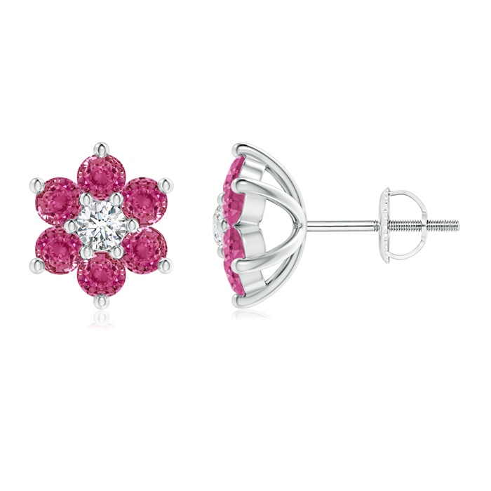 1.7mm AAAA Six Petal Diamond and Pink Sapphire Flower Stud Earrings in P950 Platinum