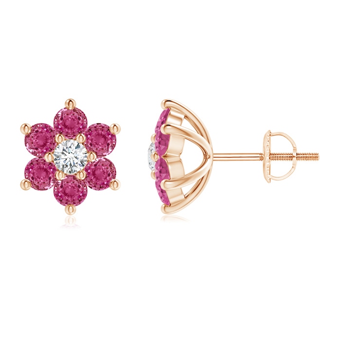 1.7mm AAAA Six Petal Diamond and Pink Sapphire Flower Stud Earrings in Rose Gold
