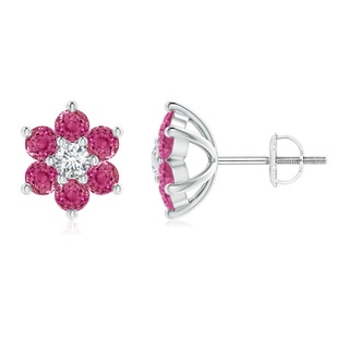 1.7mm AAAA Six Petal Diamond and Pink Sapphire Flower Stud Earrings in White Gold