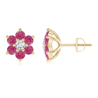 1.7mm AAAA Six Petal Diamond and Pink Sapphire Flower Stud Earrings in Yellow Gold