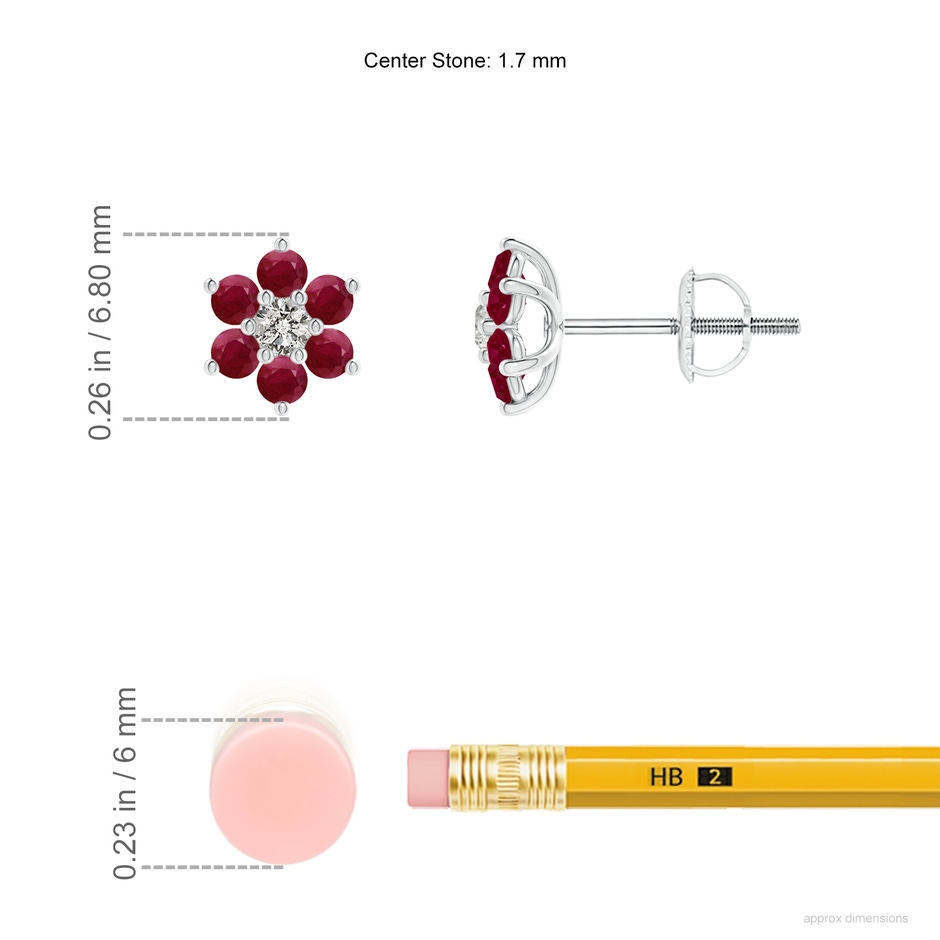 1.7mm A Six Petal Diamond and Ruby Flower Stud Earrings in White Gold ruler