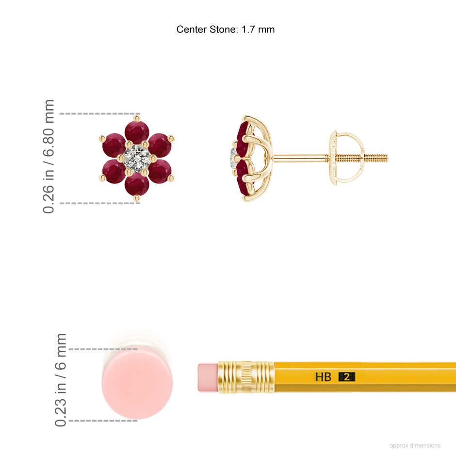 1.7mm A Six Petal Diamond and Ruby Flower Stud Earrings in Yellow Gold ruler
