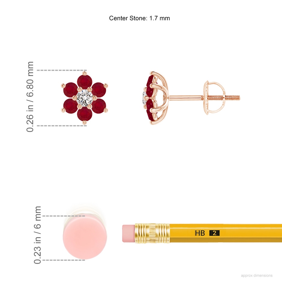 1.7mm AA Six Petal Diamond and Ruby Flower Stud Earrings in Rose Gold ruler